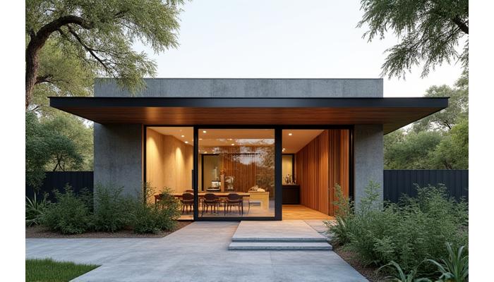 Exterior view of Veritune Bloom's Austin office building, welcoming and modern with lush greenery.