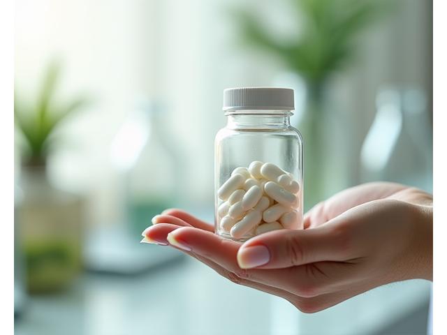 A hand holding a clear glass bottle of high-quality supplements, with a blurred background of a laboratory or natural health setting, emphasizing purity and trust.