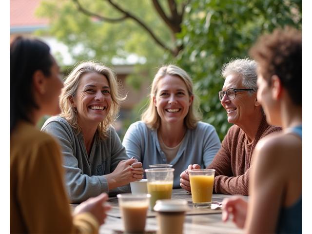 Diverse group of adults engaged in a lively conversation in a community setting in Austin.