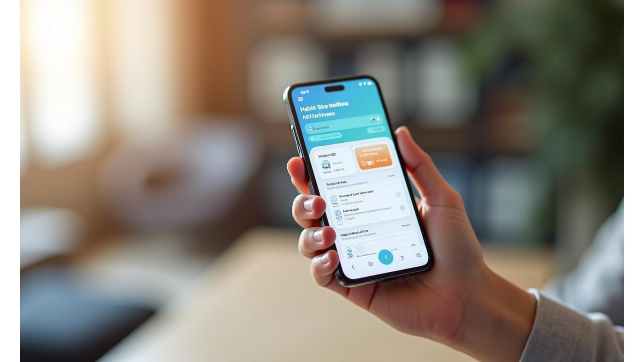 Mockup of a mobile app interface showing habit tracking features, progress charts, and a direct messaging icon, representing Veritune Bloom's accountability system.