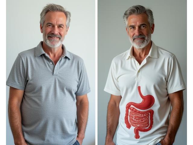 Before and after photos of Mark T., illustrating improved digestive health and overall vitality thanks to his customized Veritune Bloom nutrition plan.